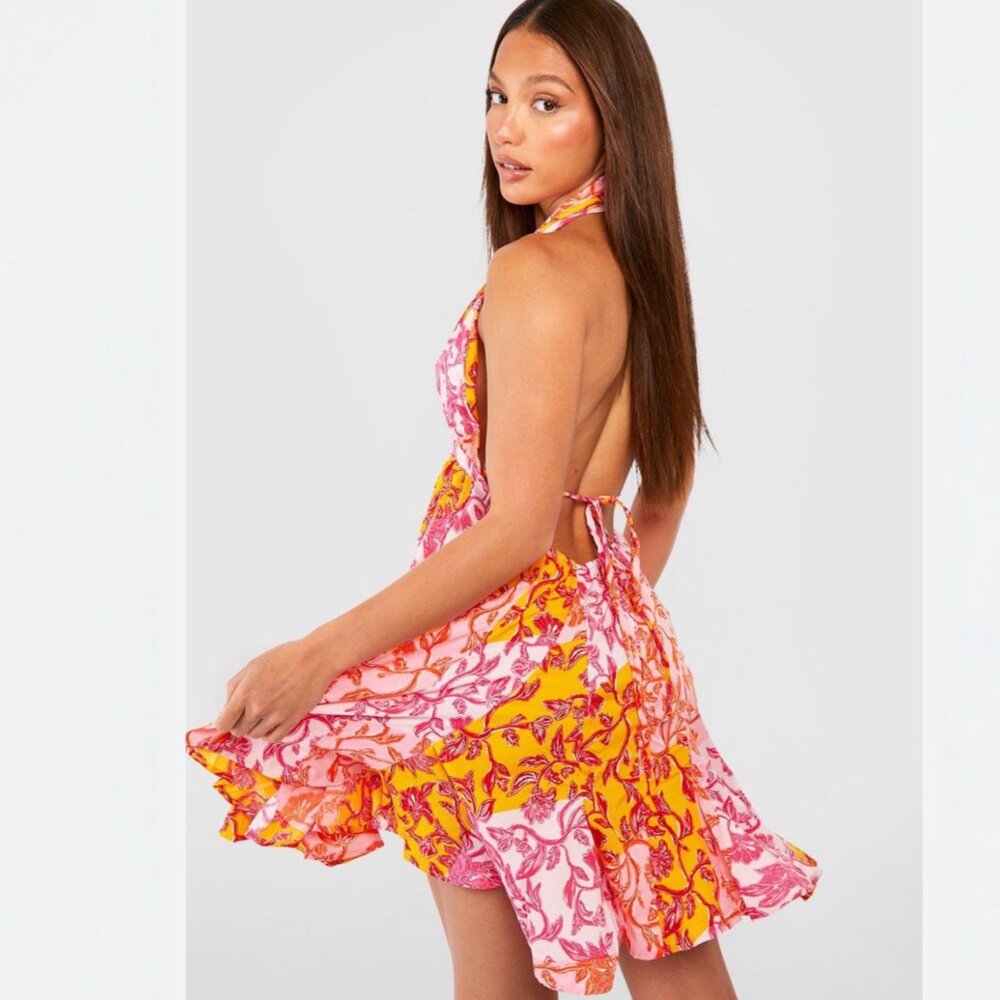 Boohoo Tall Floral Halter Plunge Cage Swing Dress Pink  Floral Size 14 - Picture 2 of 4